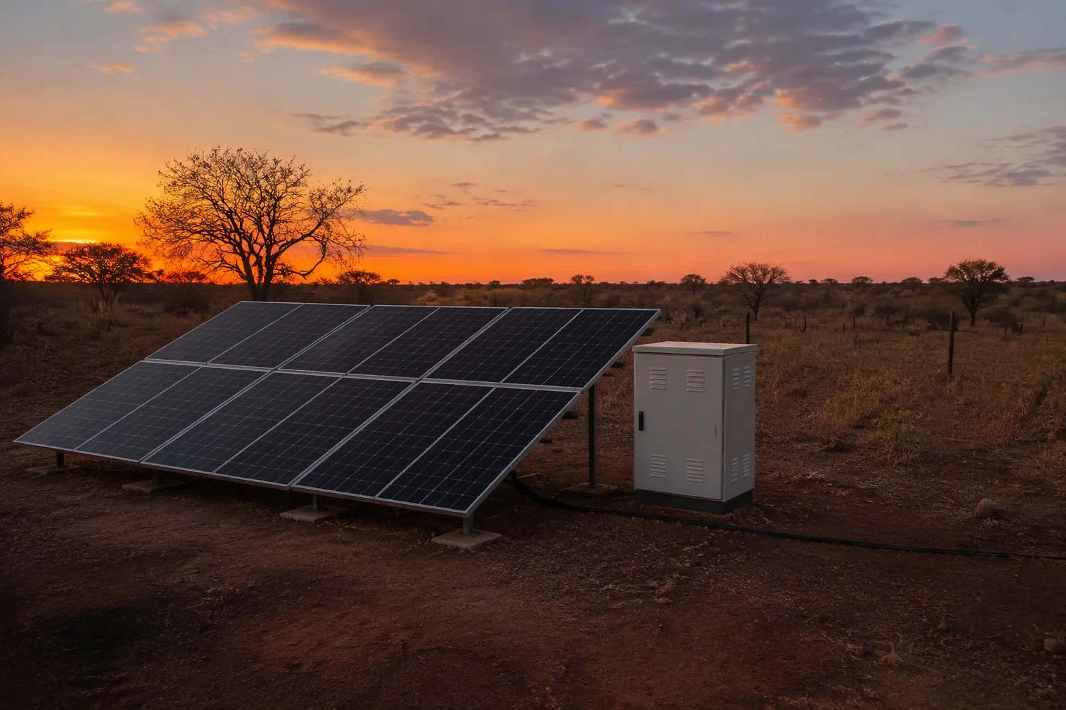 Compact array beside a battery cabinet at a remote homestead at dusk