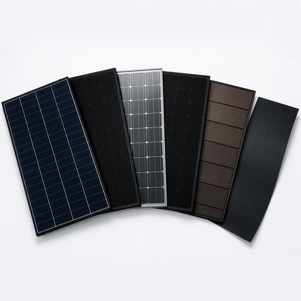 Six ems-solar module types fanned in an arc — TOPCon, HJT, dual-glass, all-black, BIPV and flexible
