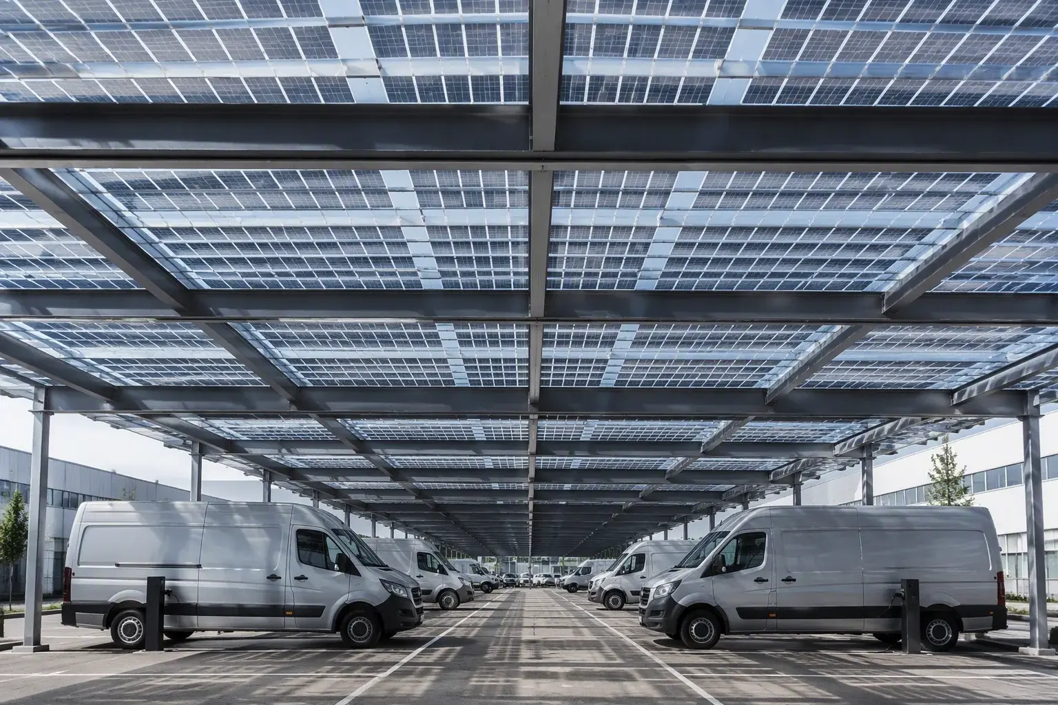 Bifacial carport canopy over a logistics park parking area