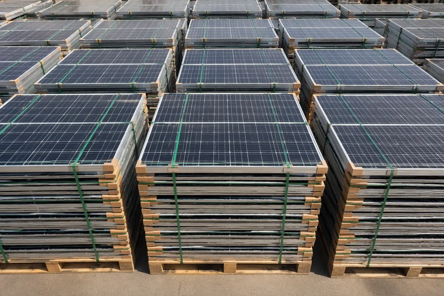 Small-format solar panels stacked on pallets ready for container loading