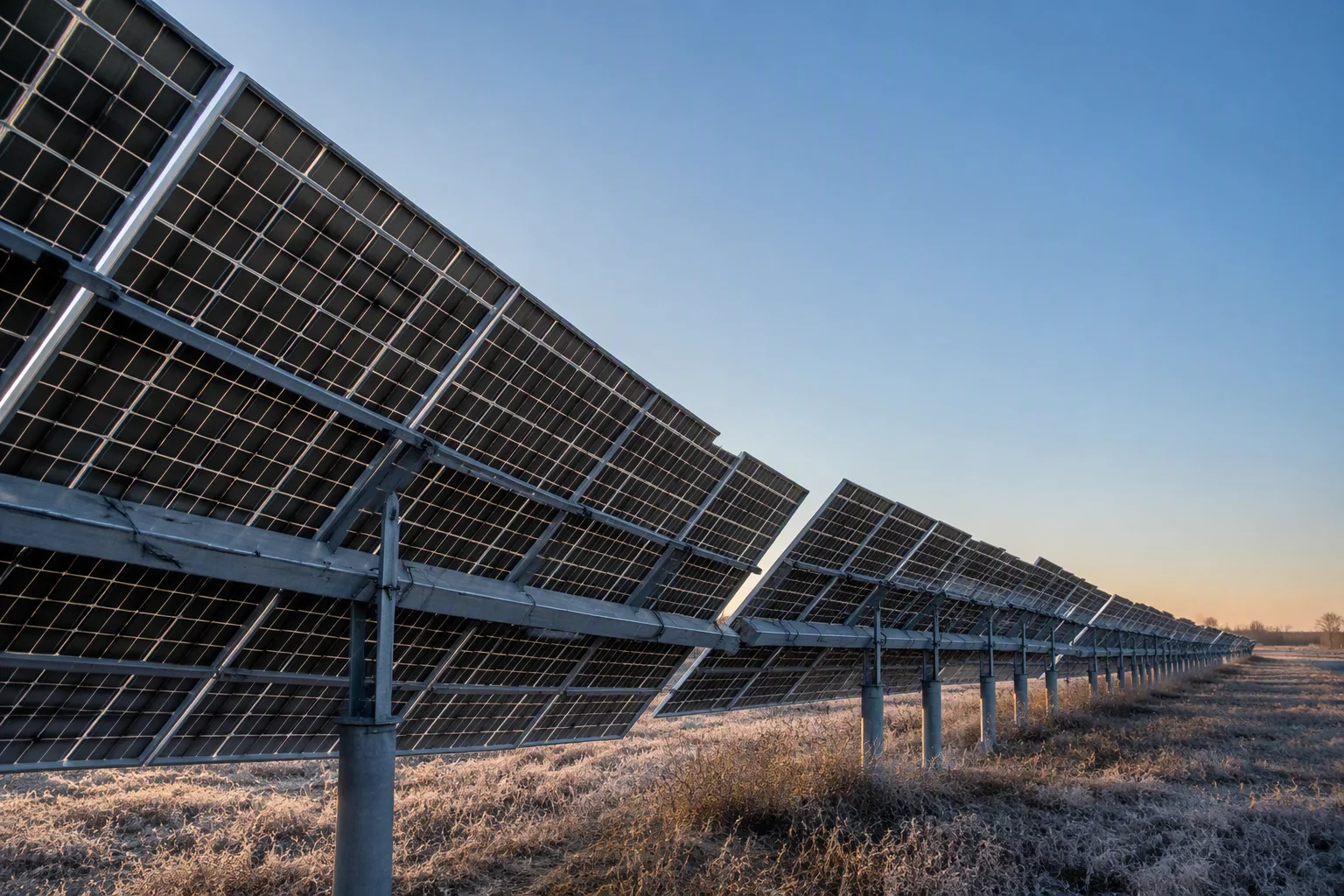 Single-axis tracker rows with bifacial modules at dawn in Central Europe