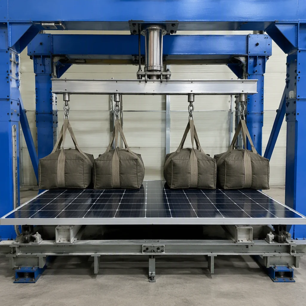 Mechanical load rig pressing sandbag weights onto a solar module