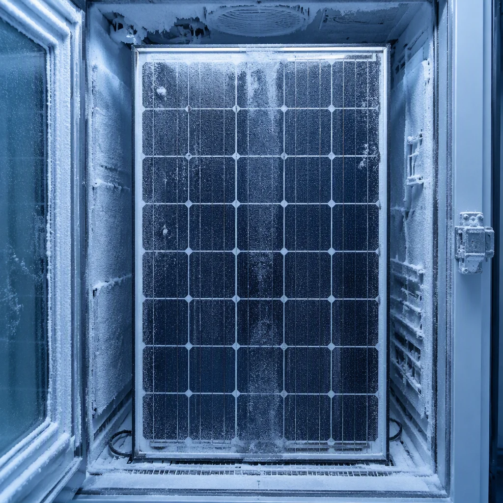 Solar module inside an open climate chamber with frost on its glass