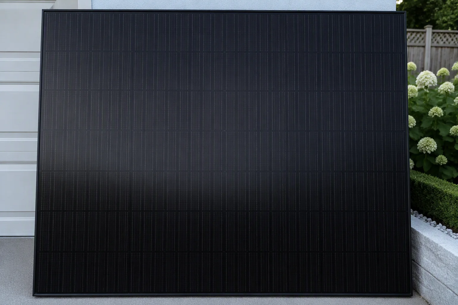 All-black panel leaning beside a neat garden wall