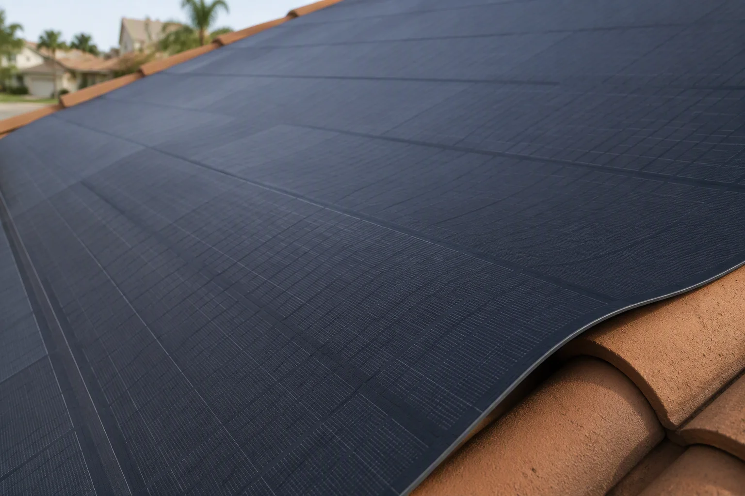 Flexible panel curved over a clay tile roof edge