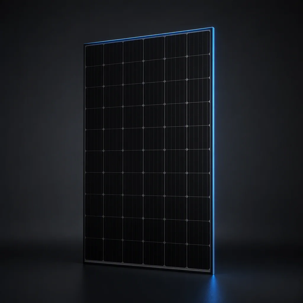 Studio product shot of a single all-black solar panel on a dark gray background