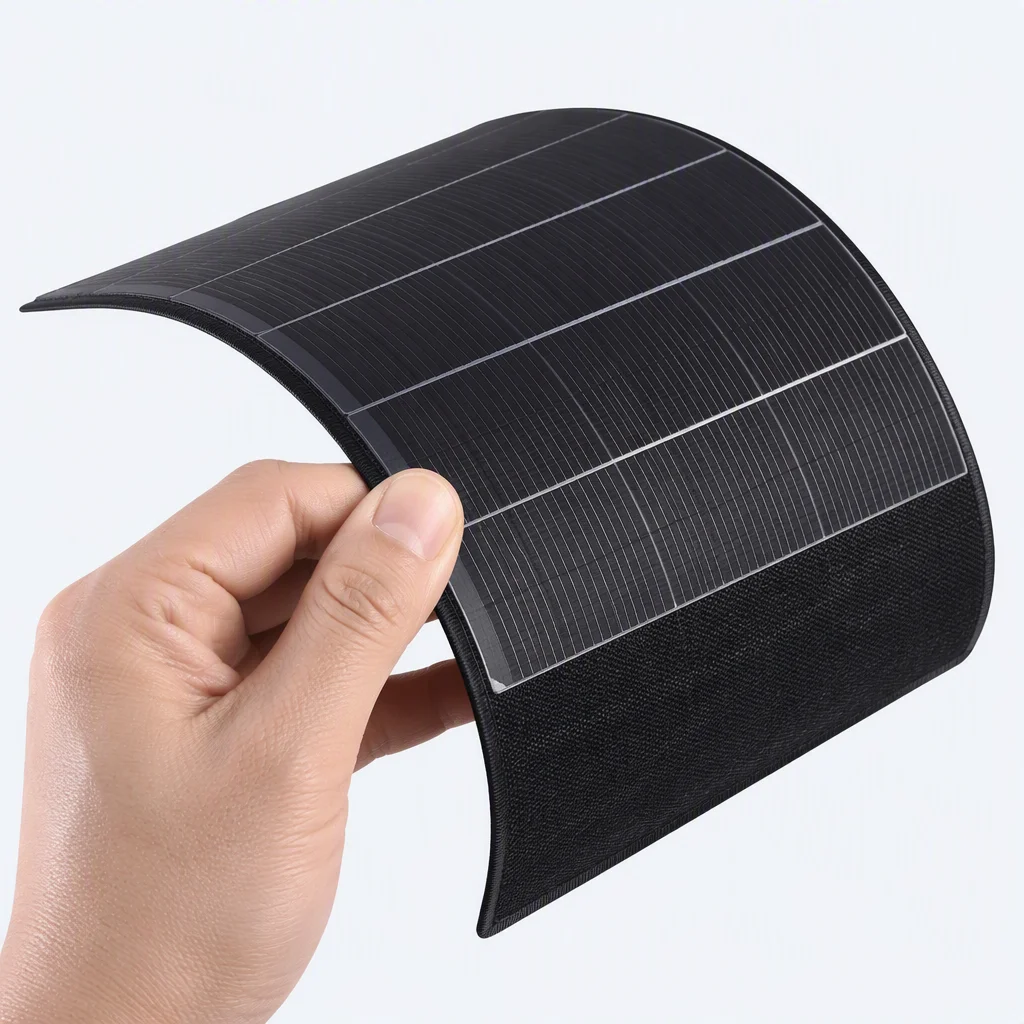 Hand bending a thin flexible solar panel, showing its flexibility