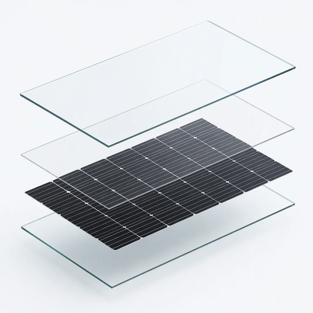 Technical render of a 710W HJT dual-glass bifacial module with dimension callouts