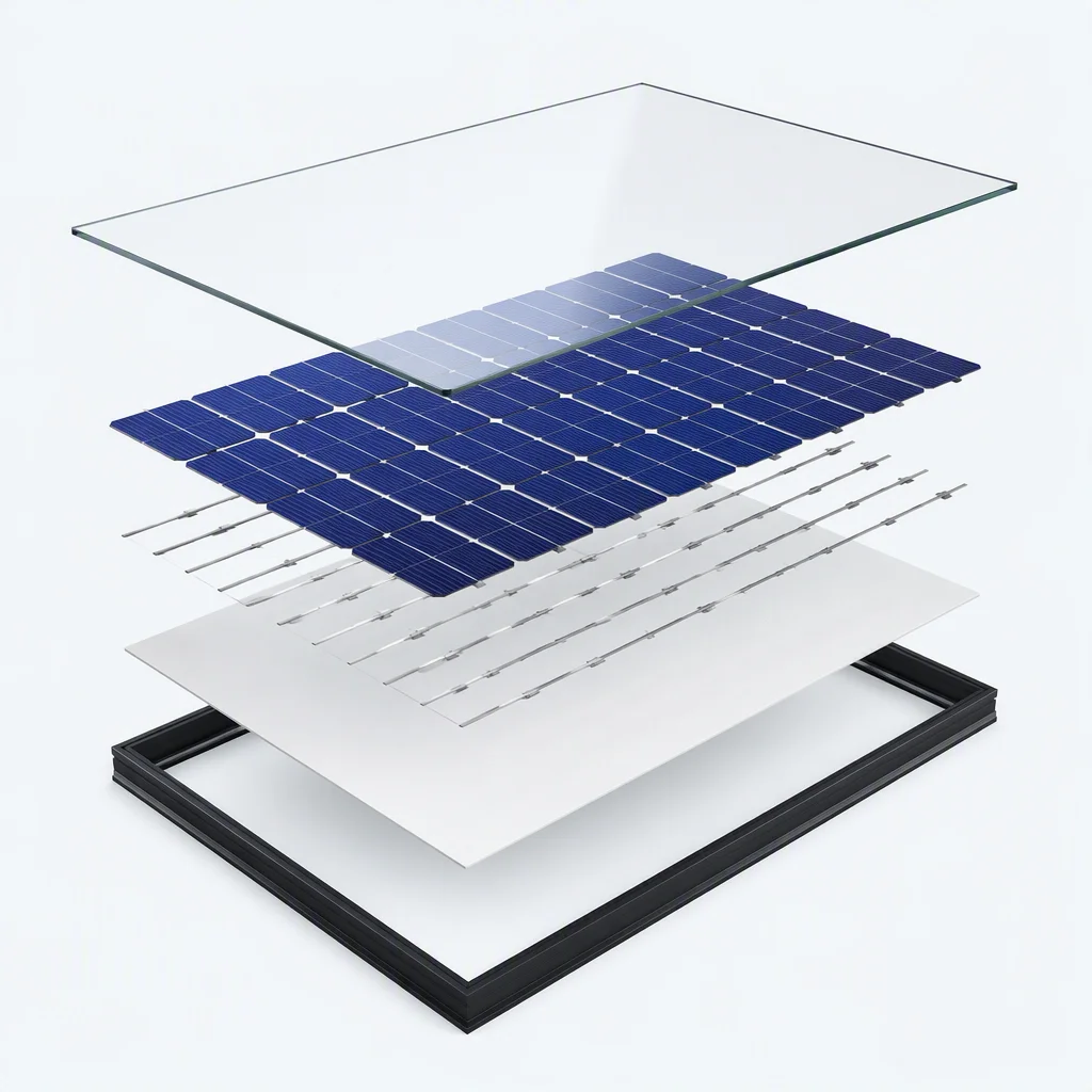 Exploded layer render of a TOPCon module — glass, half-cut cells, ribbons and backsheet