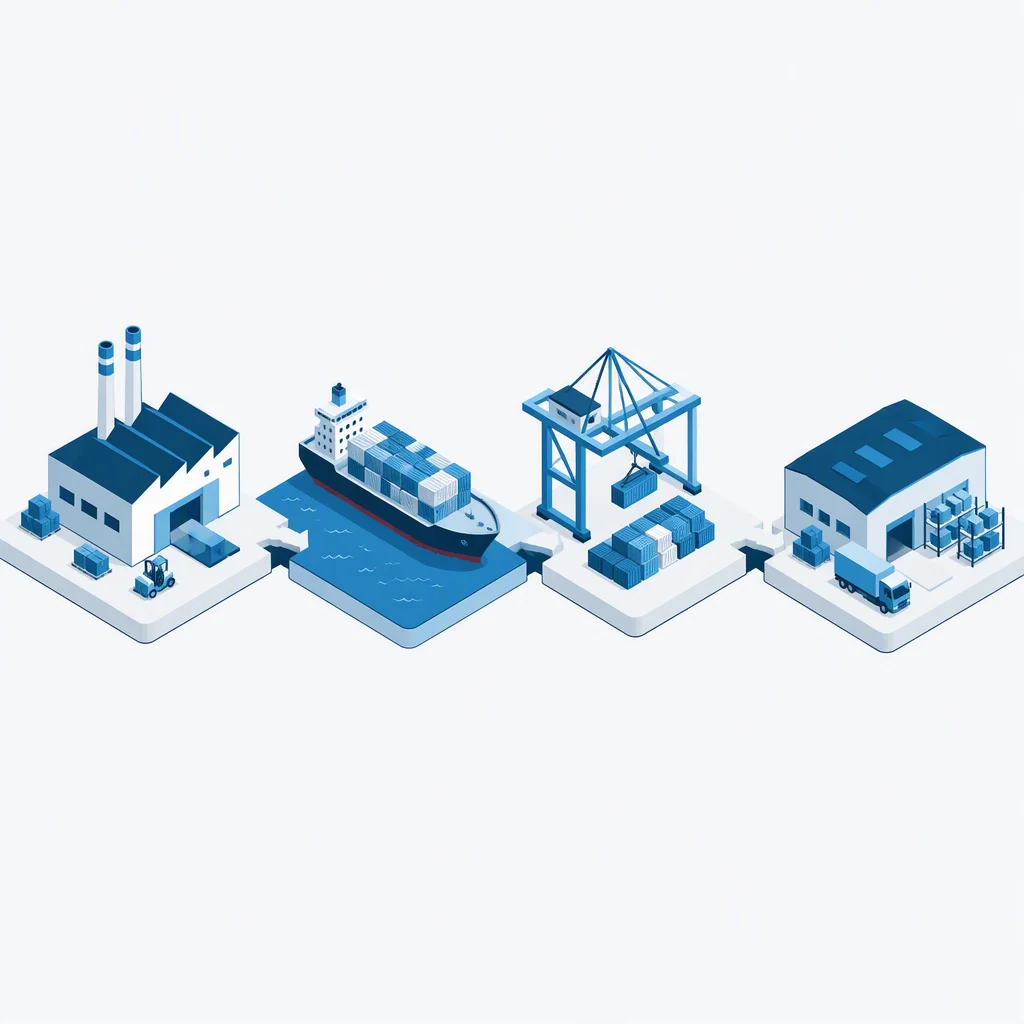 Flat illustration of the four-step supply chain flow: RFQ chat, sample panel, container loading, cargo ship