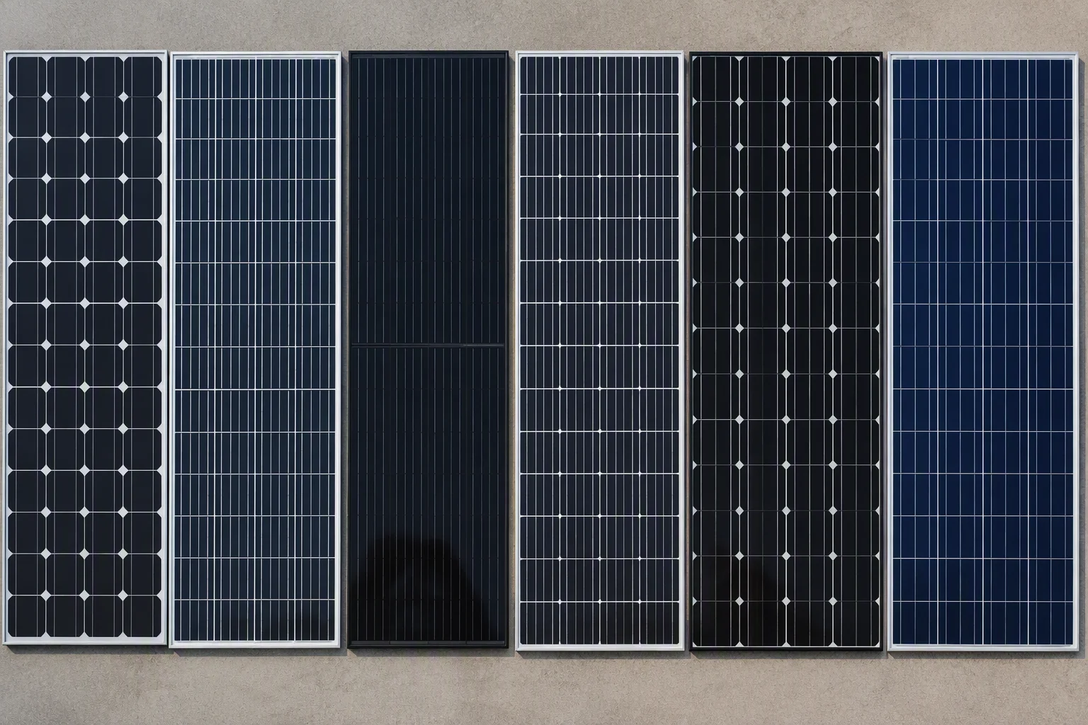 Comparison infographic of six solar technologies — power, efficiency, temperature coefficient and applications