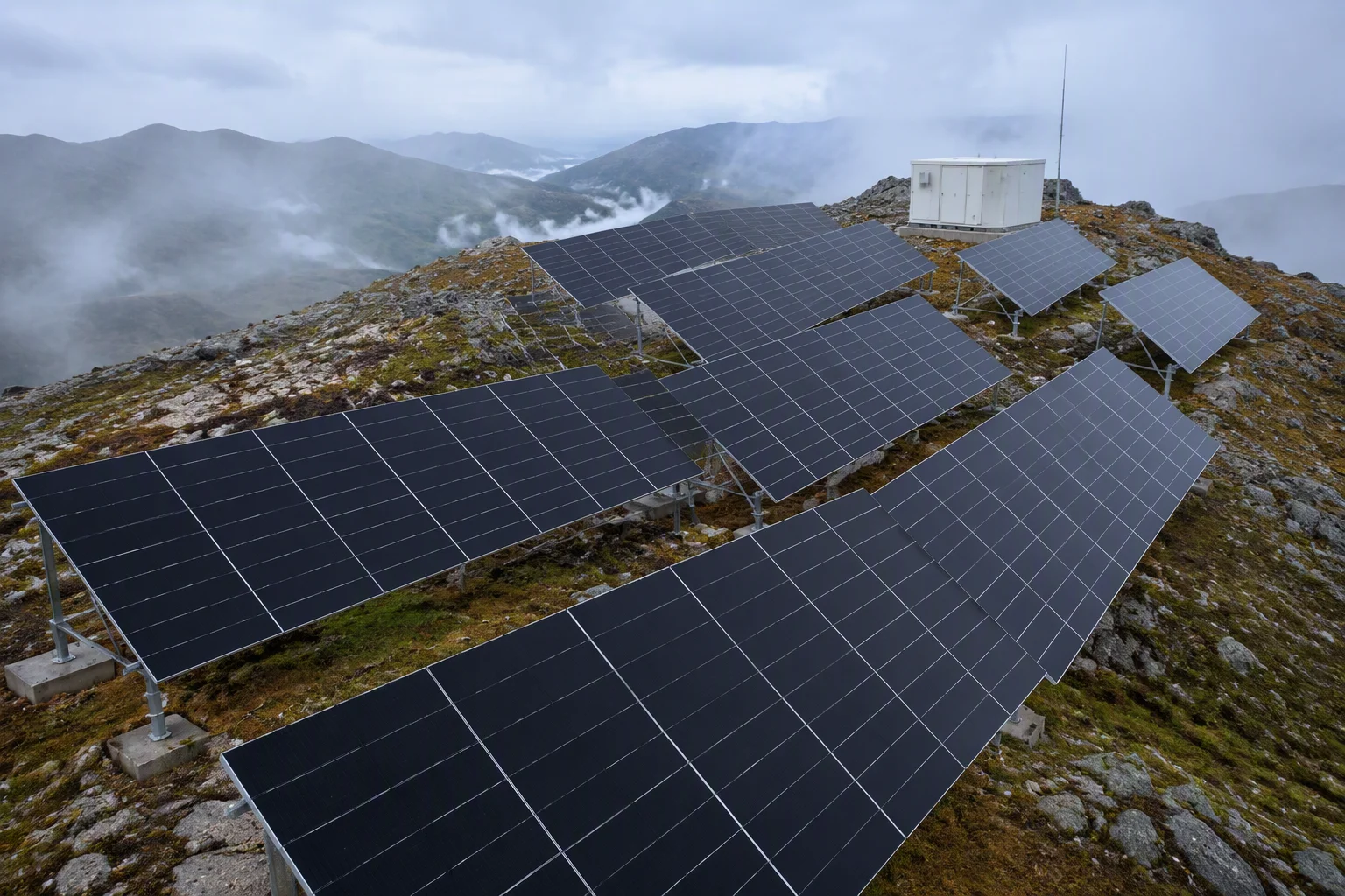 Near-black HJT modules on a misty hilltop rack