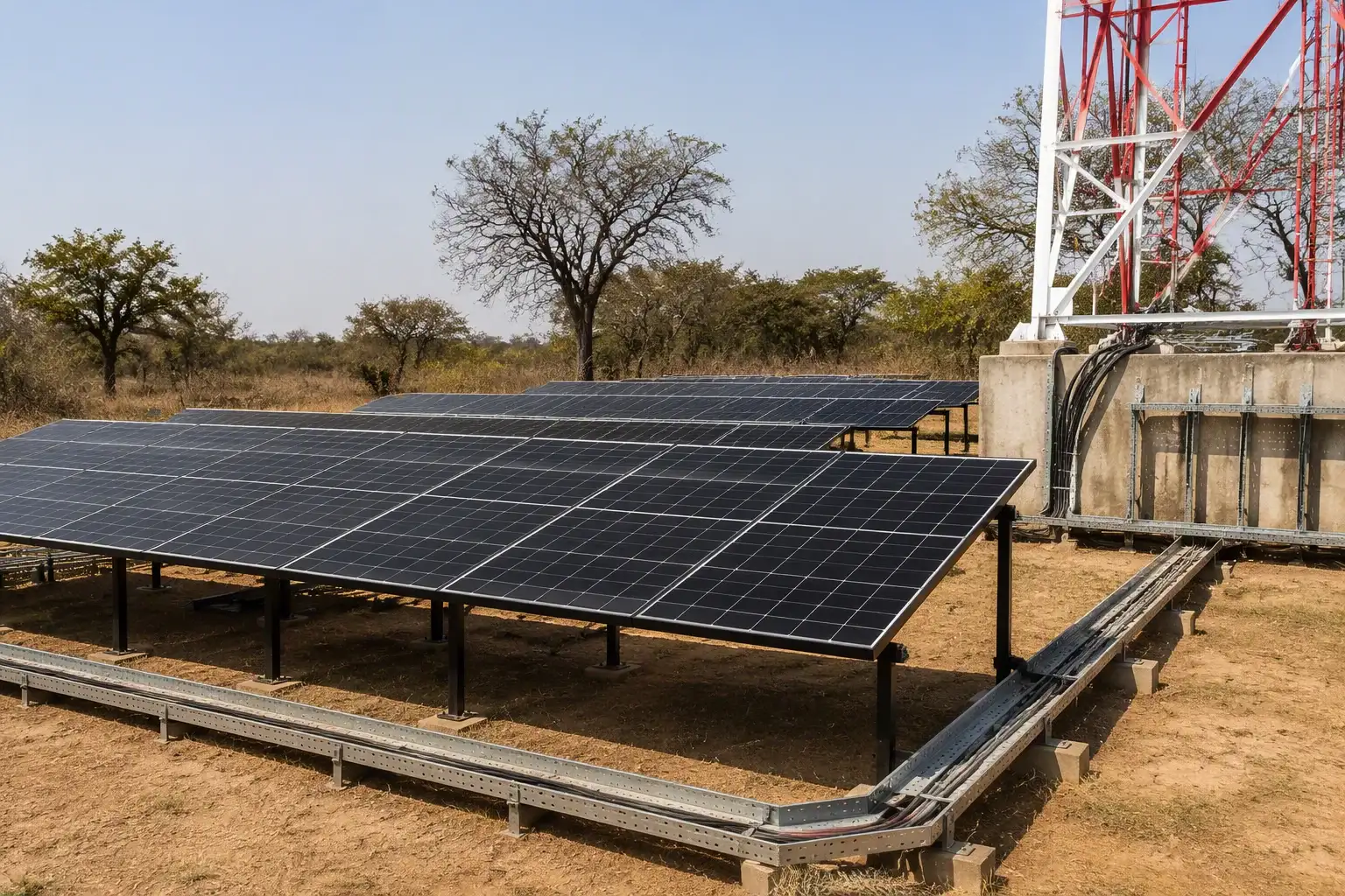 Modules on ground racks beside a telecom tower base