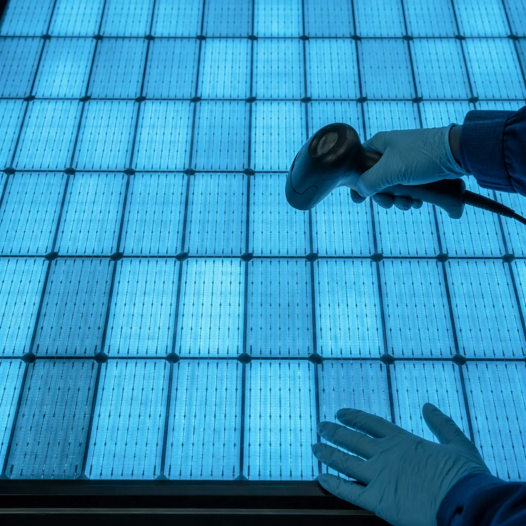 Solar module under electroluminescence inspection in the ems-solar test laboratory