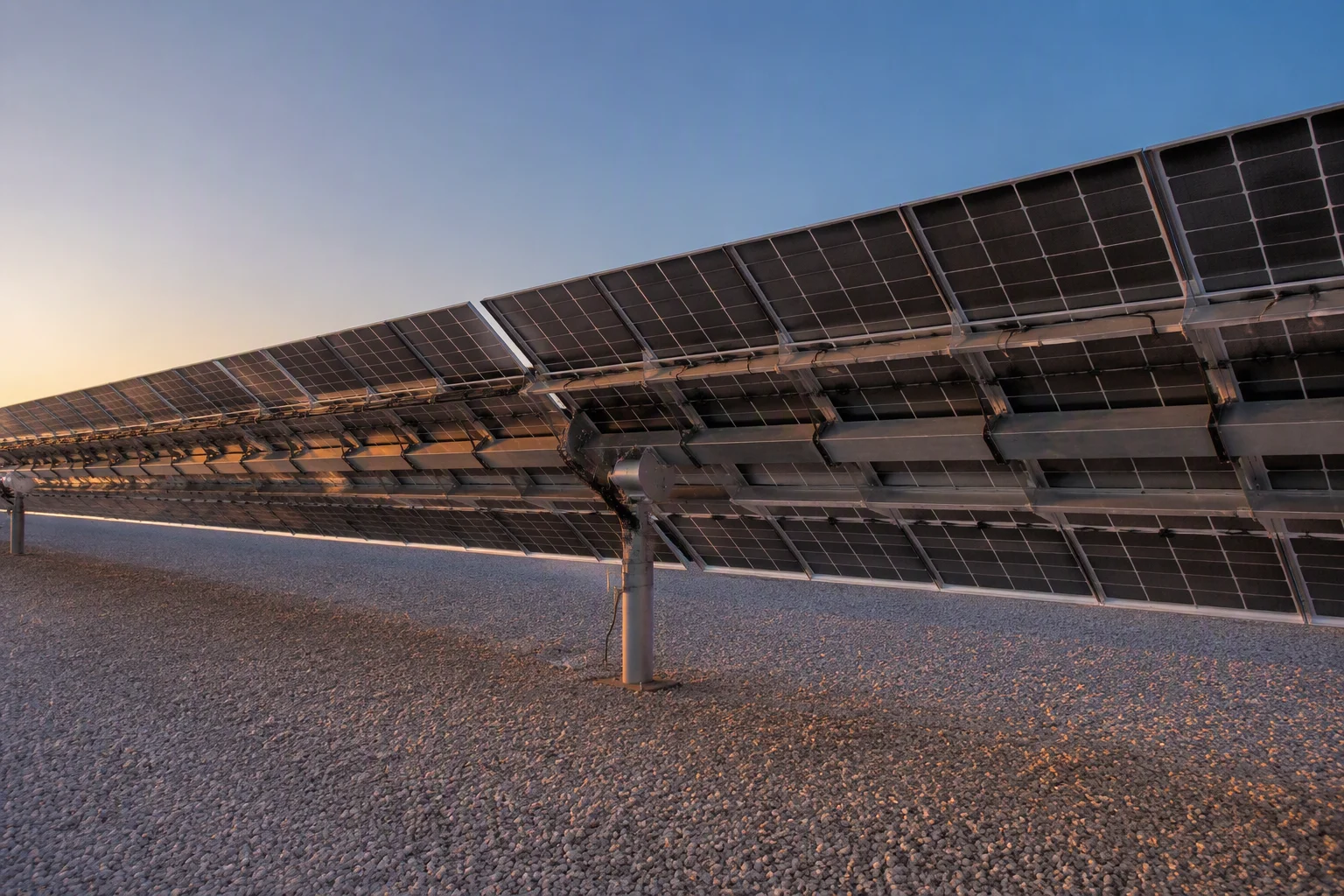 Single-axis tracker with bifacial modules over light gravel at dawn